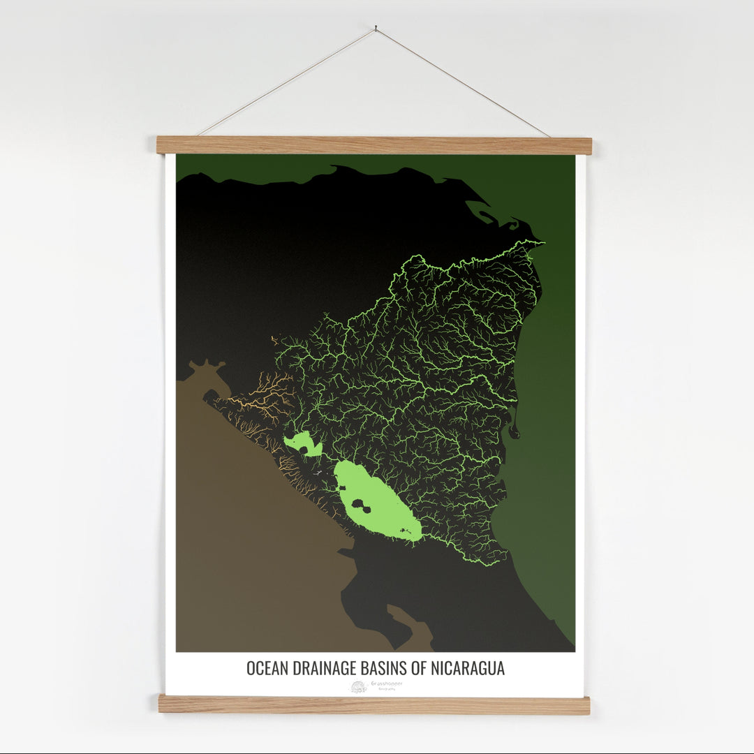 Nicaragua - Mapa de la cuenca hidrográfica del océano, negro v2 - Impresión artística con colgador