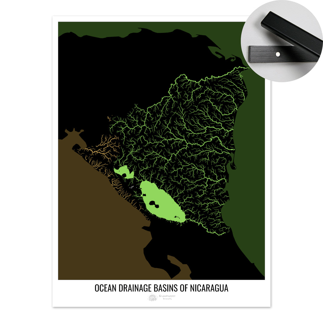 Nicaragua - Carte des bassins hydrographiques océaniques, noir v2 - Tirage d'art avec cintre