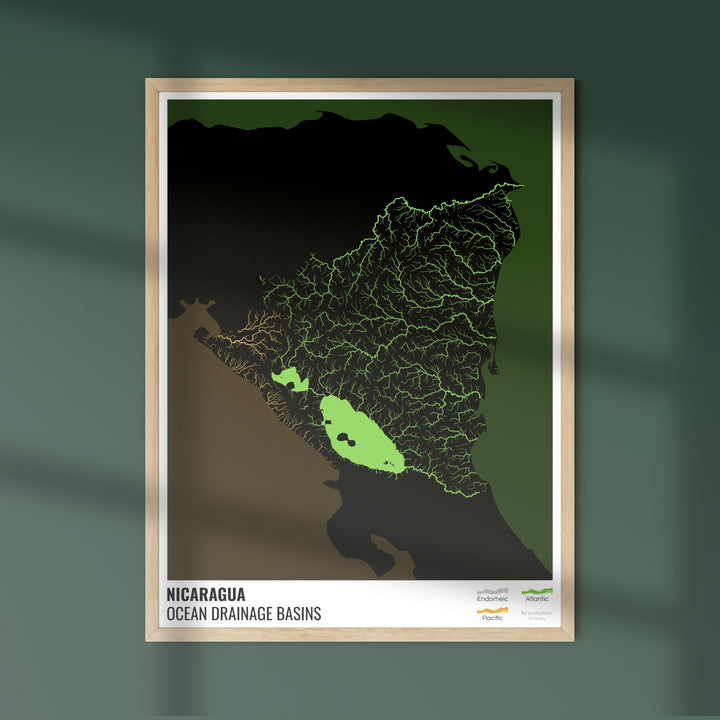 Nicaragua - Ocean drainage basin map, black with legend v2 - Fine Art Print