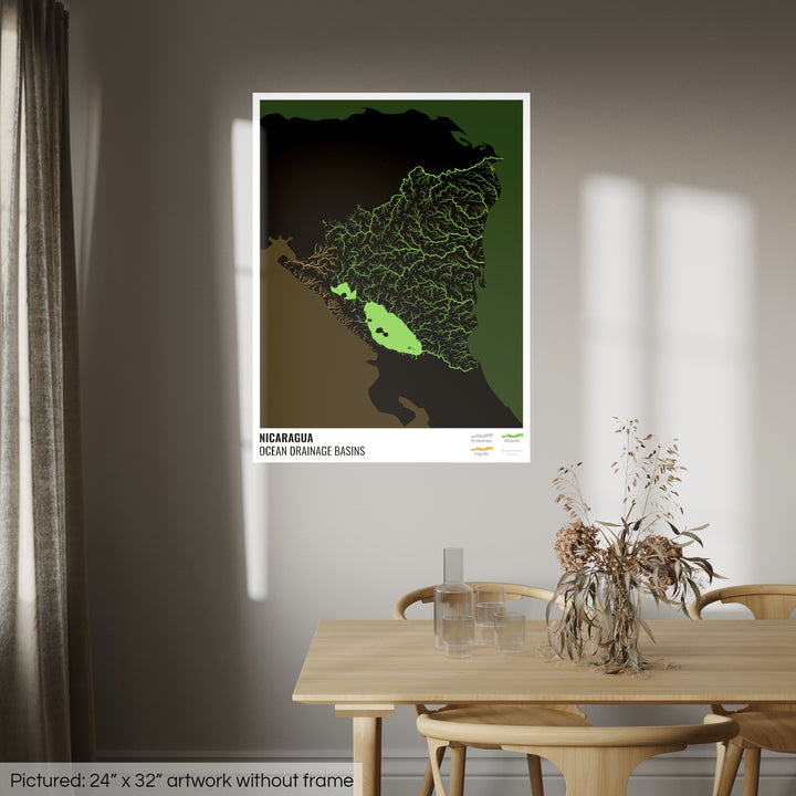 Nicaragua - Ocean drainage basin map, black with legend v2 - Fine Art Print
