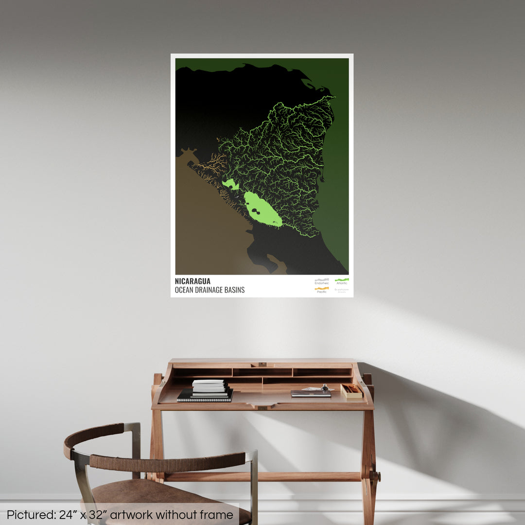 Nicaragua - Ocean drainage basin map, black with legend v2 - Photo Art Print