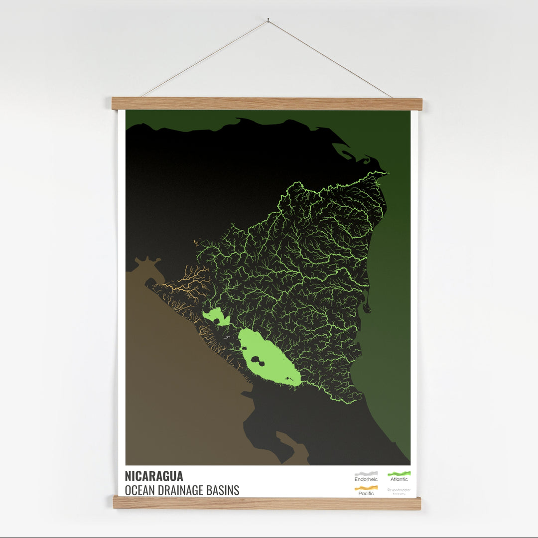 Nicaragua - Mapa de la cuenca hidrográfica del océano, negro con leyenda v2 - Impresión artística con colgador
