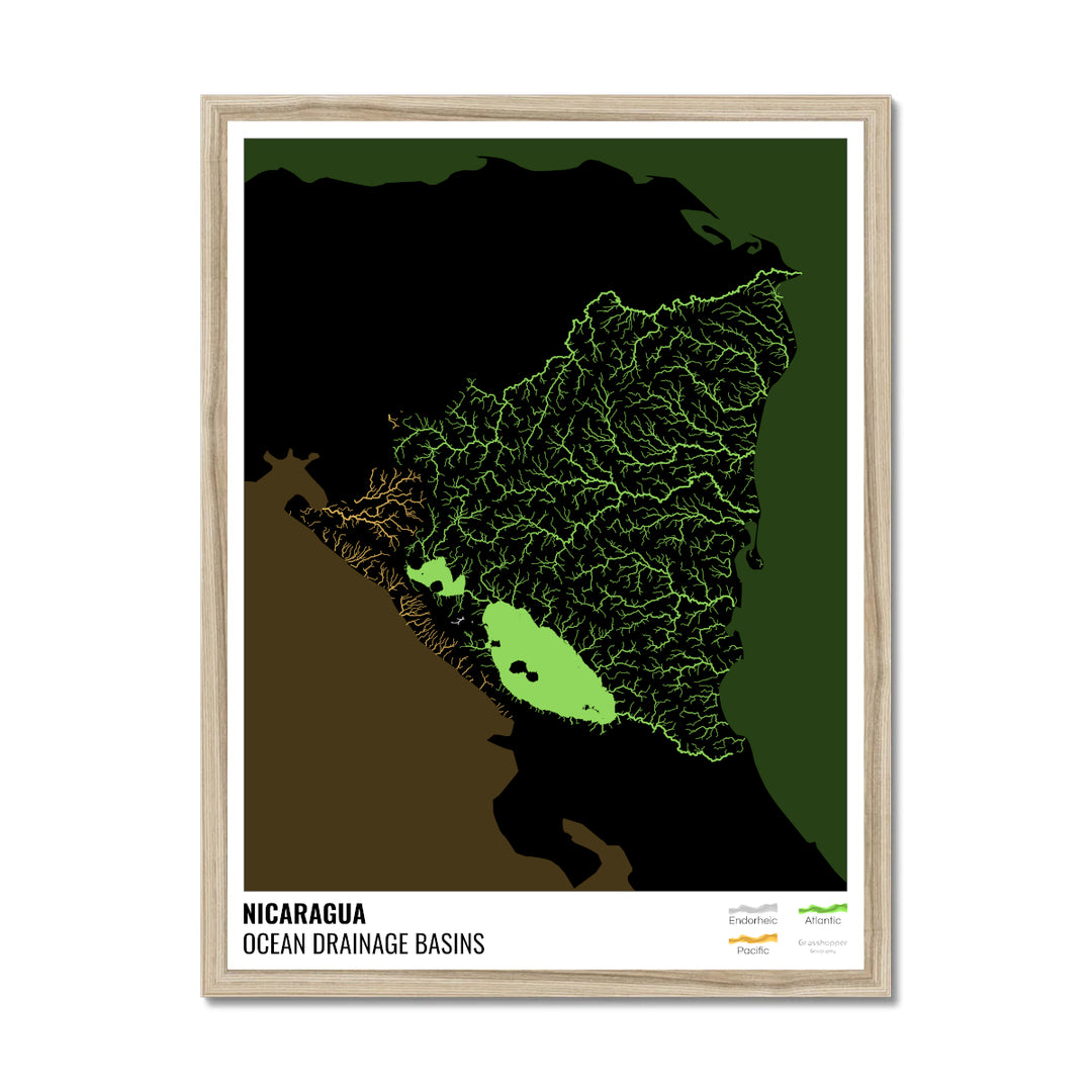 Nicaragua - Ocean drainage basin map, black with legend v2 - Framed Print