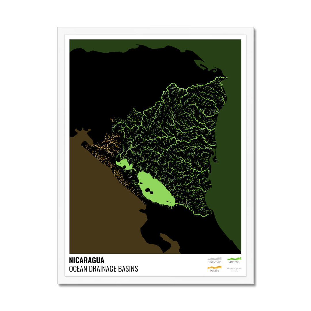 Nicaragua - Ocean drainage basin map, black with legend v2 - Framed Print