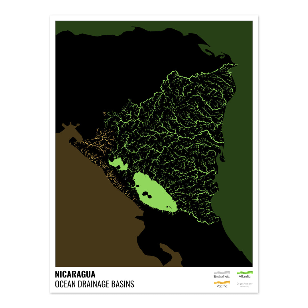 Nicaragua - Ocean drainage basin map, black with legend v2 - Fine Art Print