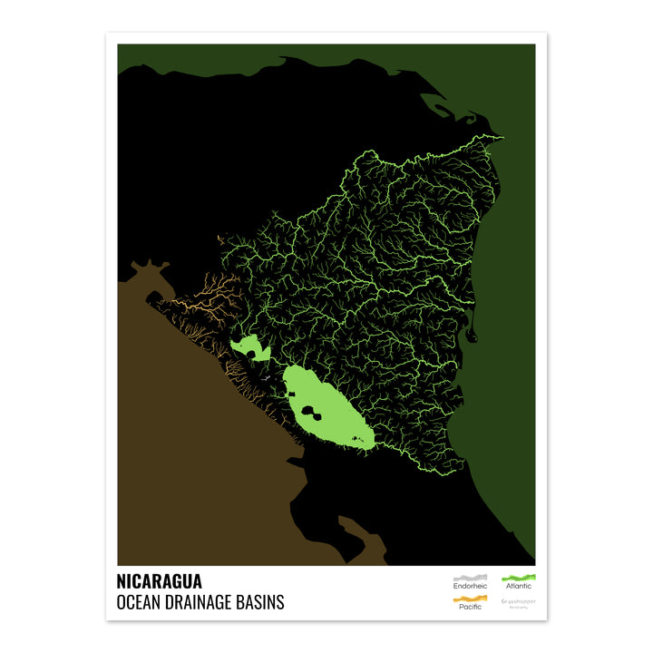 Nicaragua - Ocean drainage basin map, black with legend v2 - Fine Art Print