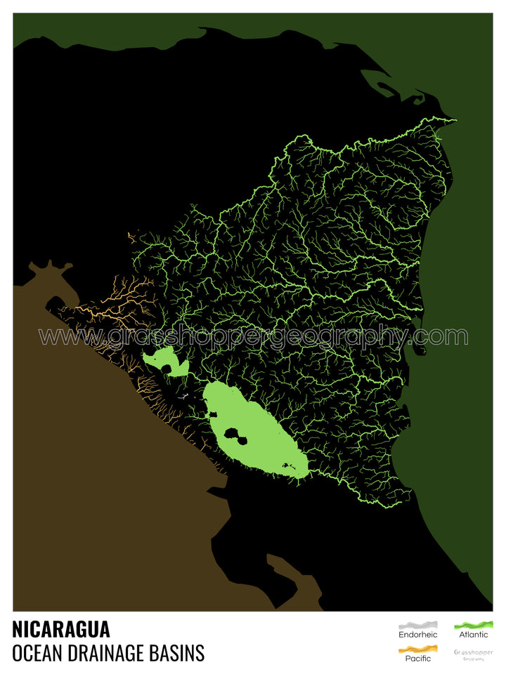 Nicaragua - Ocean drainage basin map, black with legend v2 - Fine Art Print