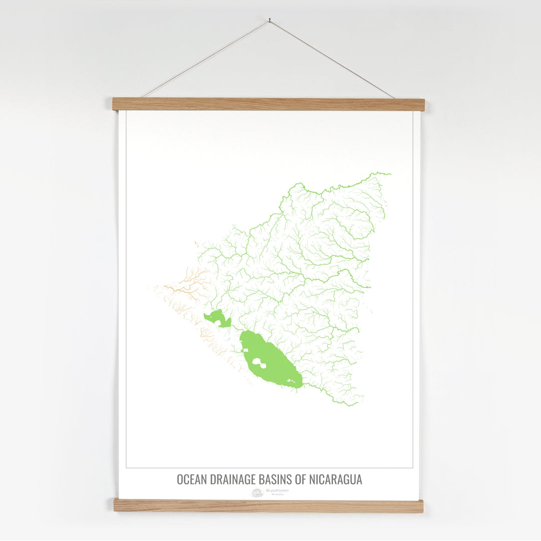 Nicaragua - Mapa de la cuenca hidrográfica del océano, blanco v1 - Impresión artística con colgador