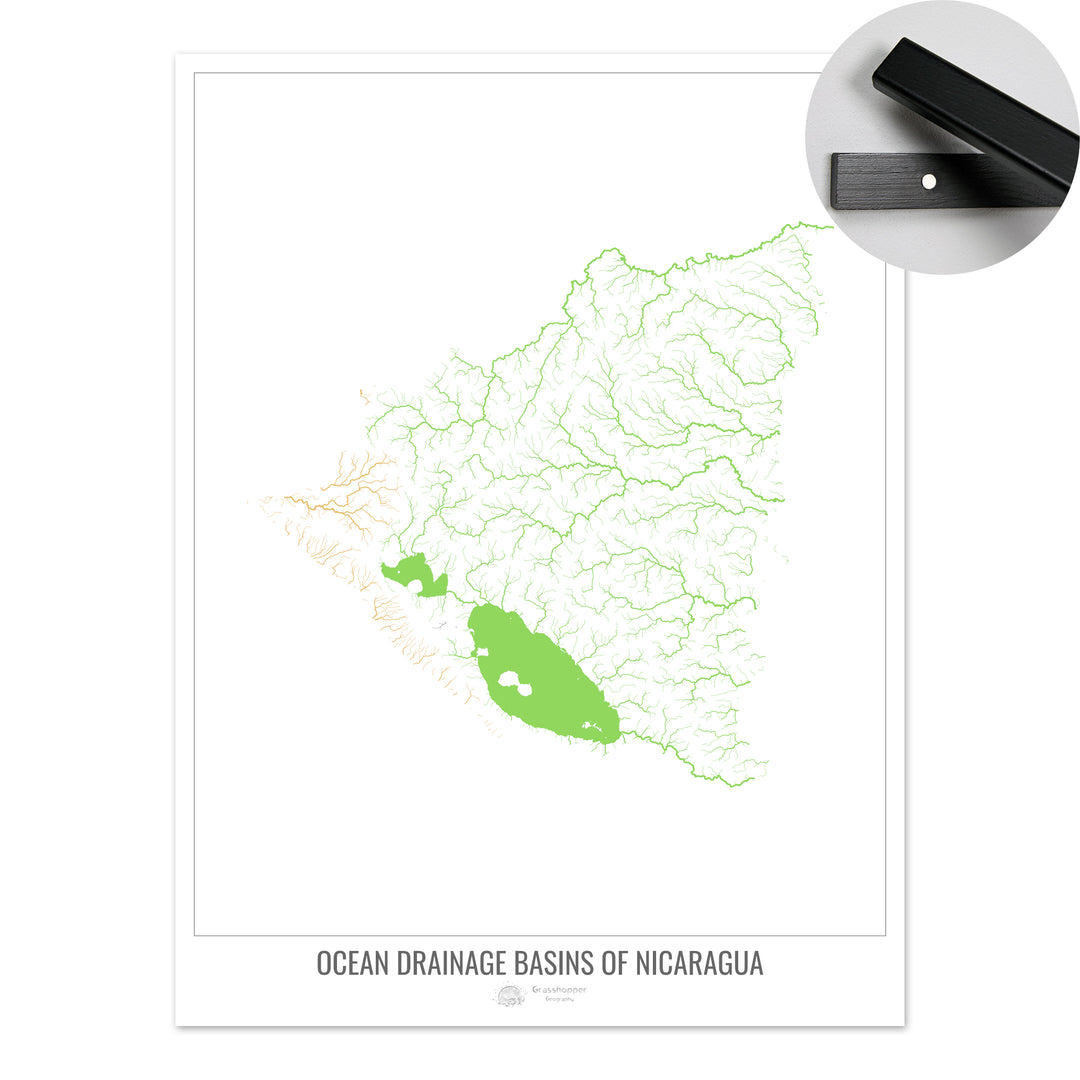 Nicaragua - Ocean drainage basin map, white v1 - Fine Art Print with Hanger