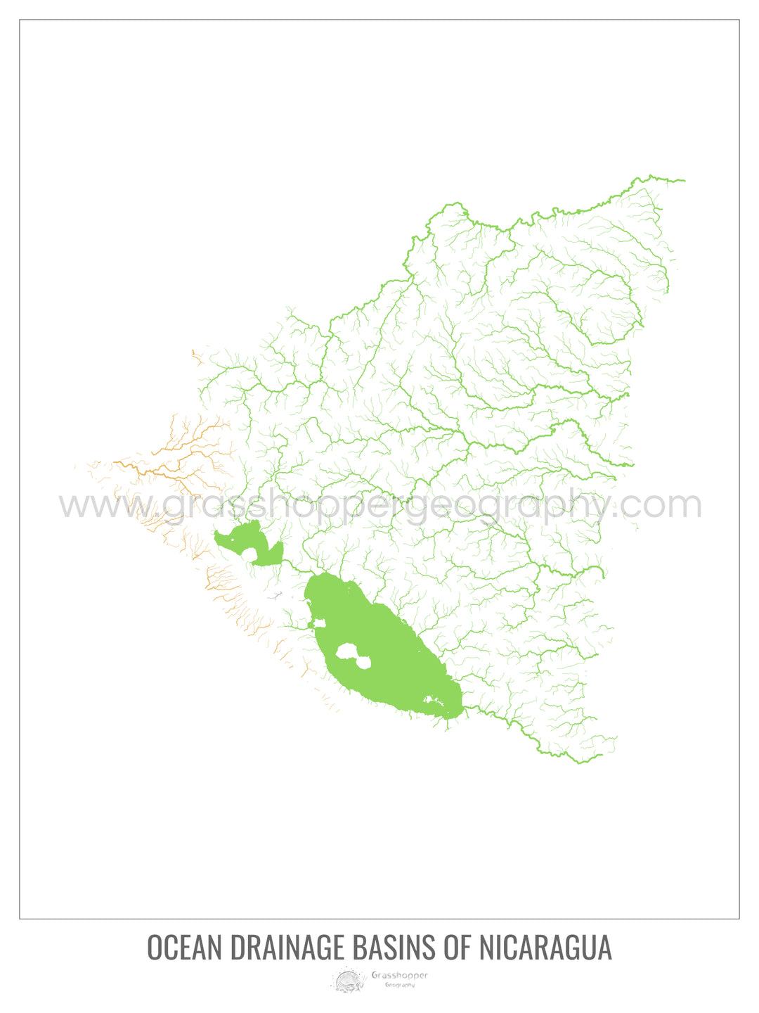 Nicaragua - Mapa de la cuenca hidrográfica del océano, blanco v1 - Impresión de Bellas Artes