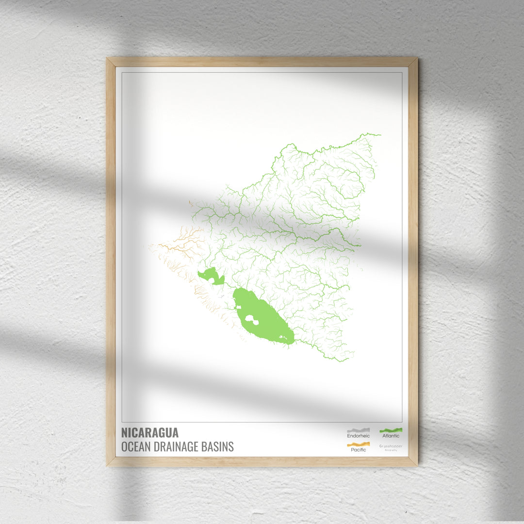 Nicaragua - Ocean drainage basin map, white with legend v1 - Fine Art Print