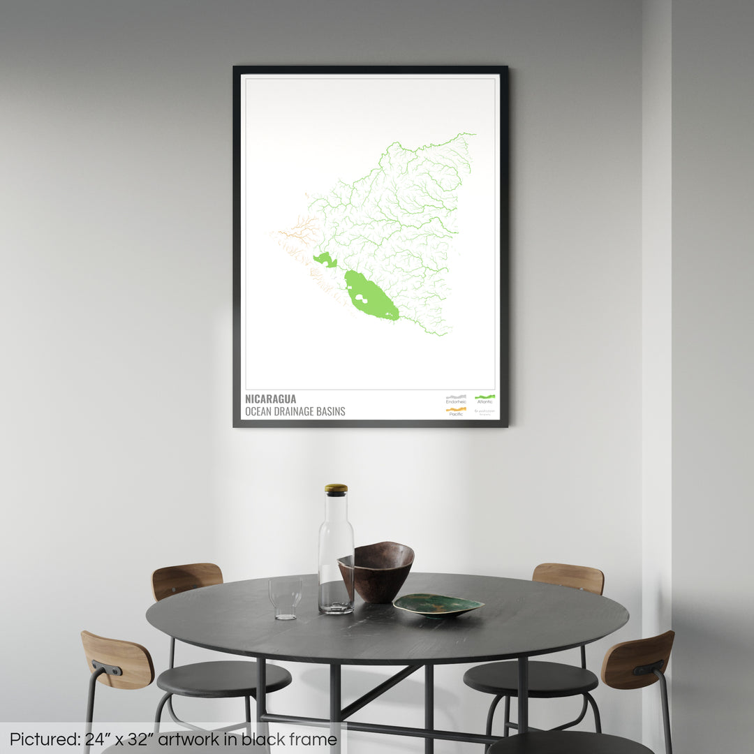 Nicaragua - Ocean drainage basin map, white with legend v1 - Framed Print