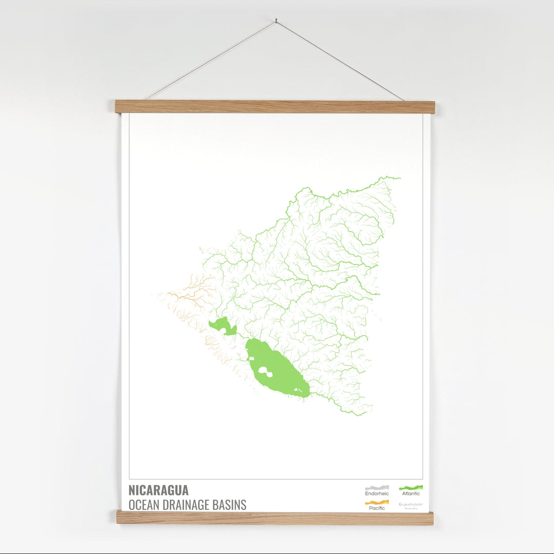 Nicaragua - Mapa de la cuenca hidrográfica del océano, blanco con leyenda v1 - Impresión artística con colgador