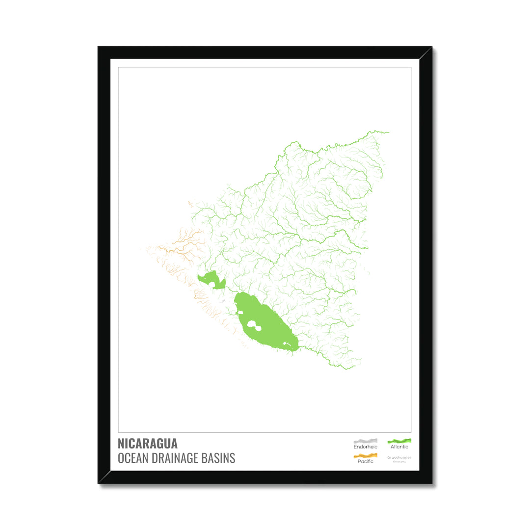 Nicaragua - Ocean drainage basin map, white with legend v1 - Framed Print
