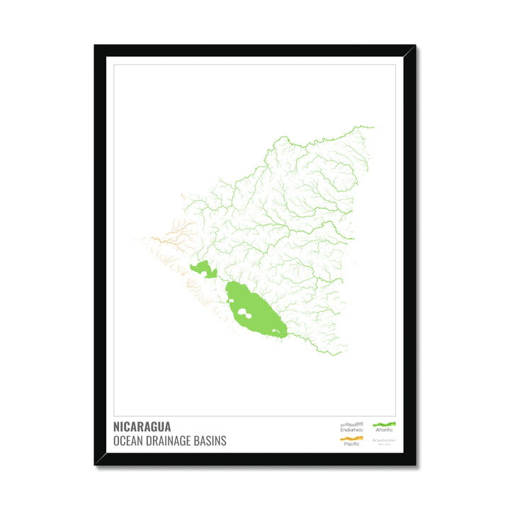 Nicaragua - Ocean drainage basin map, white with legend v1 - Framed Print