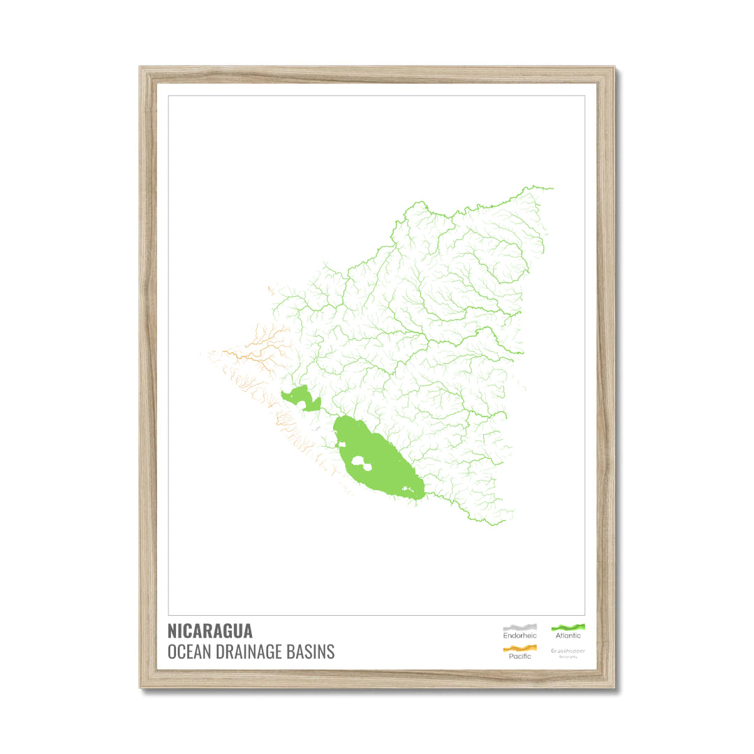 Nicaragua - Carte du bassin versant océanique, blanche avec légende v1 - Impression encadrée