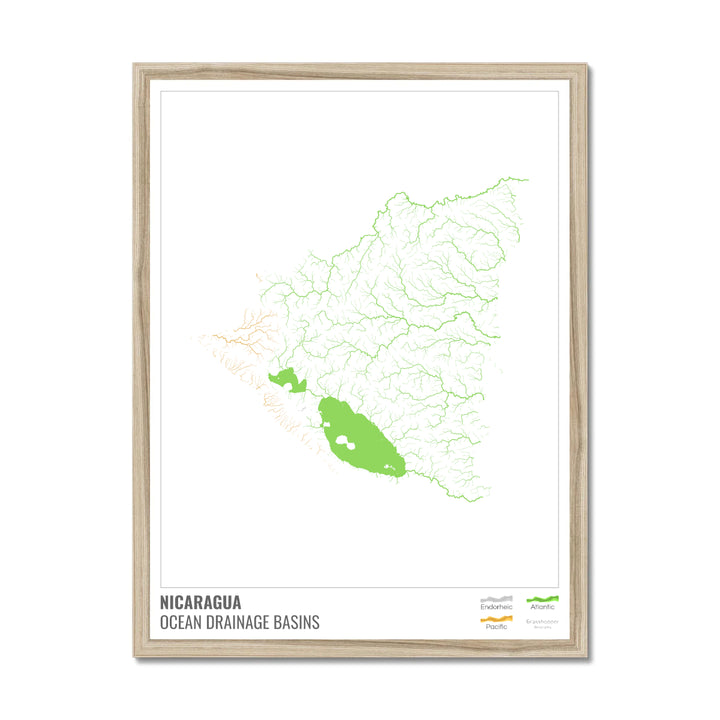 Nicaragua - Ocean drainage basin map, white with legend v1 - Framed Print