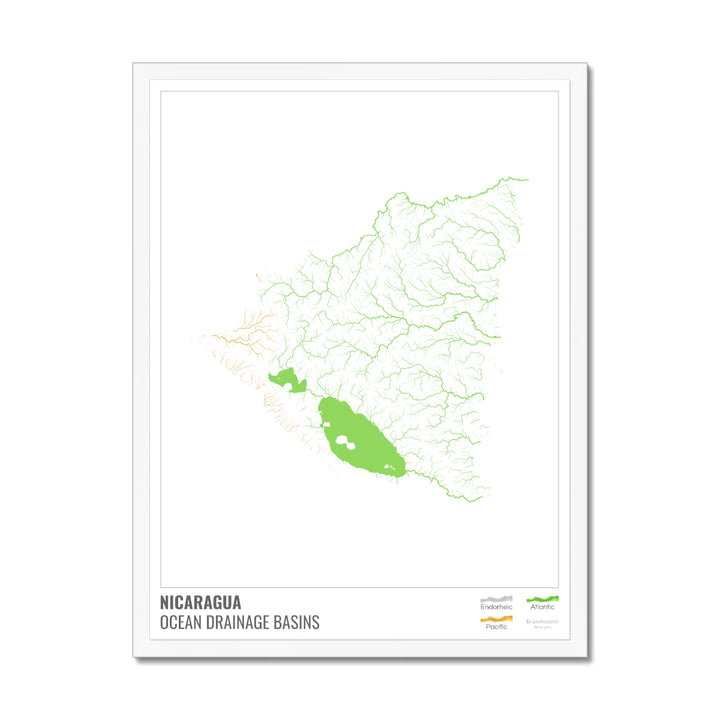 Nicaragua - Ocean drainage basin map, white with legend v1 - Framed Print
