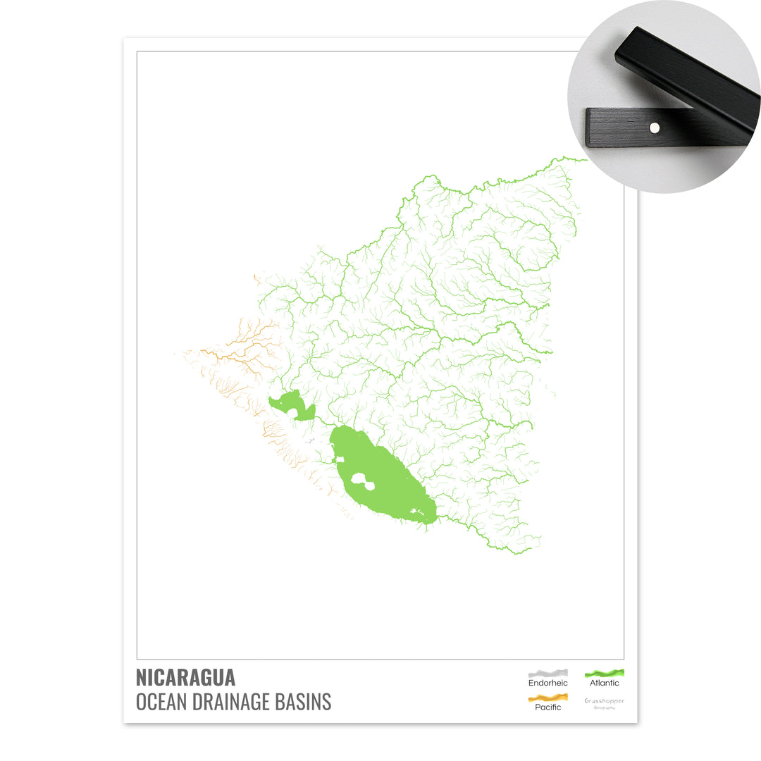 Nicaragua - Mapa de la cuenca hidrográfica del océano, blanco con leyenda v1 - Impresión artística con colgador