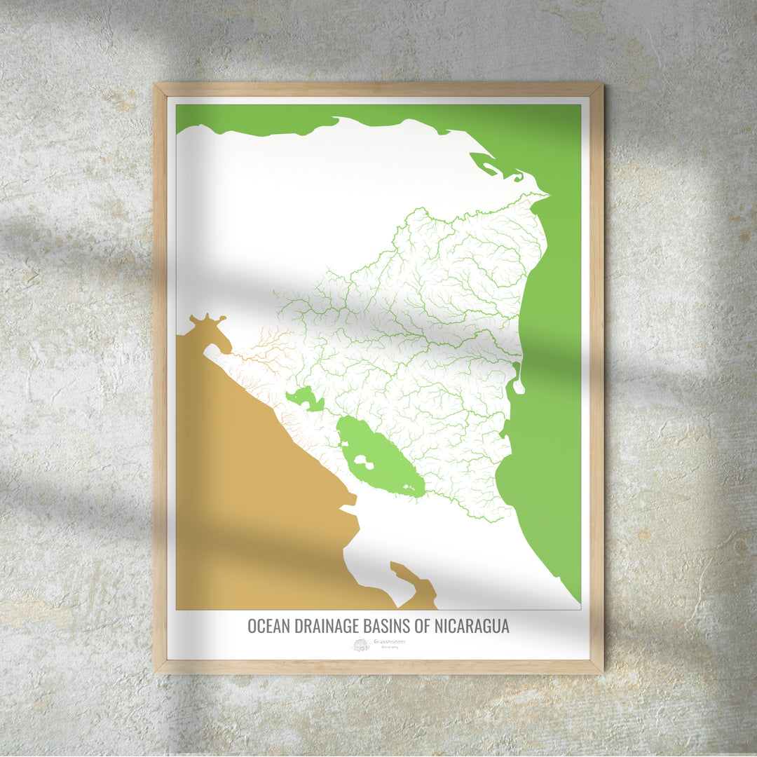 Nicaragua - Mapa de la cuenca hidrográfica del océano, blanco v2 - Impresión de Bellas Artes