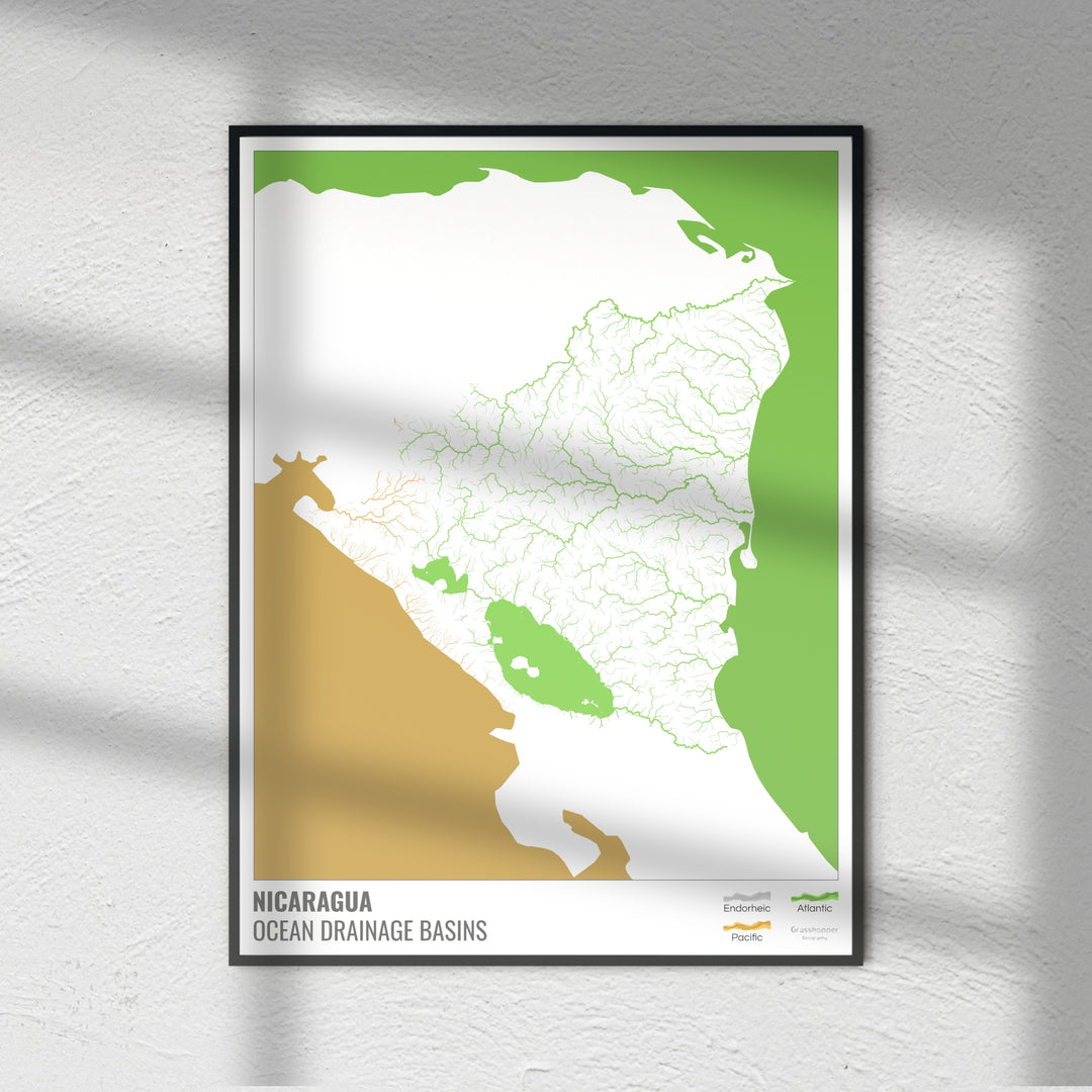 Nicaragua - Carte des bassins hydrographiques océaniques, blanche avec légende v2 - Fine Art Print