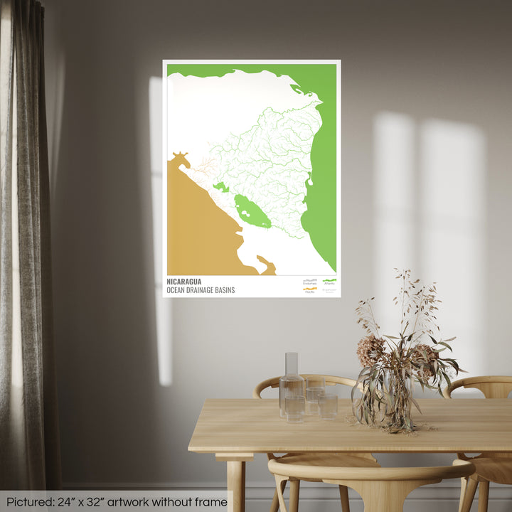 Nicaragua - Ocean drainage basin map, white with legend v2 - Fine Art Print