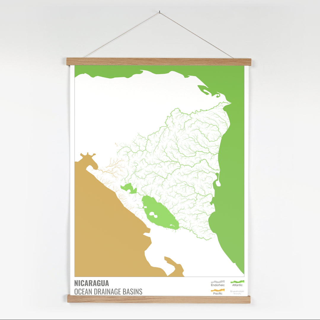 Nicaragua - Ocean drainage basin map, white with legend v2 - Fine Art Print with Hanger