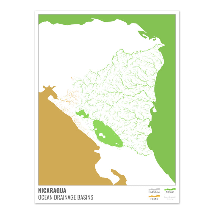 Nicaragua - Mapa de la cuenca hidrográfica del océano, blanco con leyenda v2 - Impresión de Bellas Artes