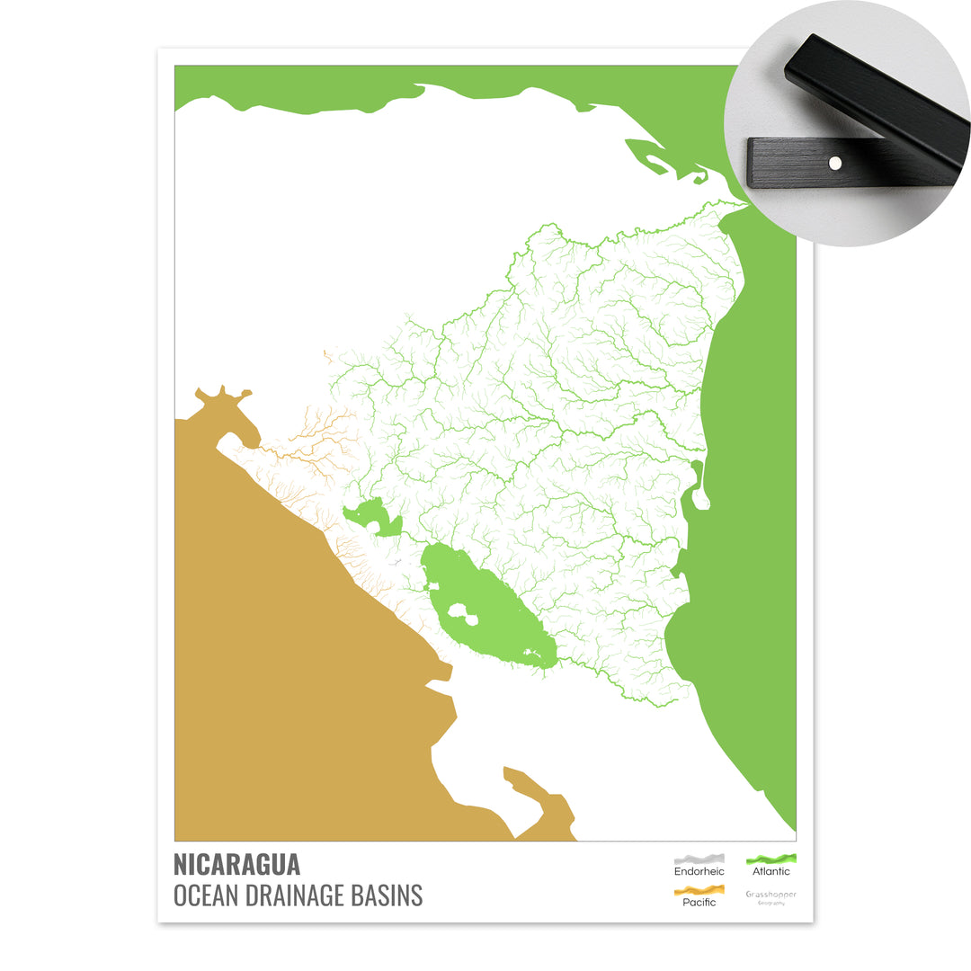 Nicaragua - Ocean drainage basin map, white with legend v2 - Fine Art Print with Hanger