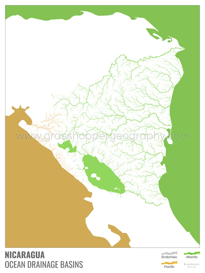 Nicaragua - Mapa de la cuenca hidrográfica del océano, blanco con leyenda v2 - Impresión de Bellas Artes