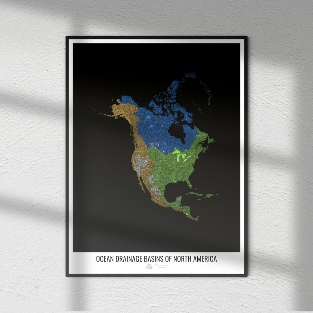 América del Norte - Mapa de la cuenca de drenaje oceánico, negro v1 - Impresión de bellas artes