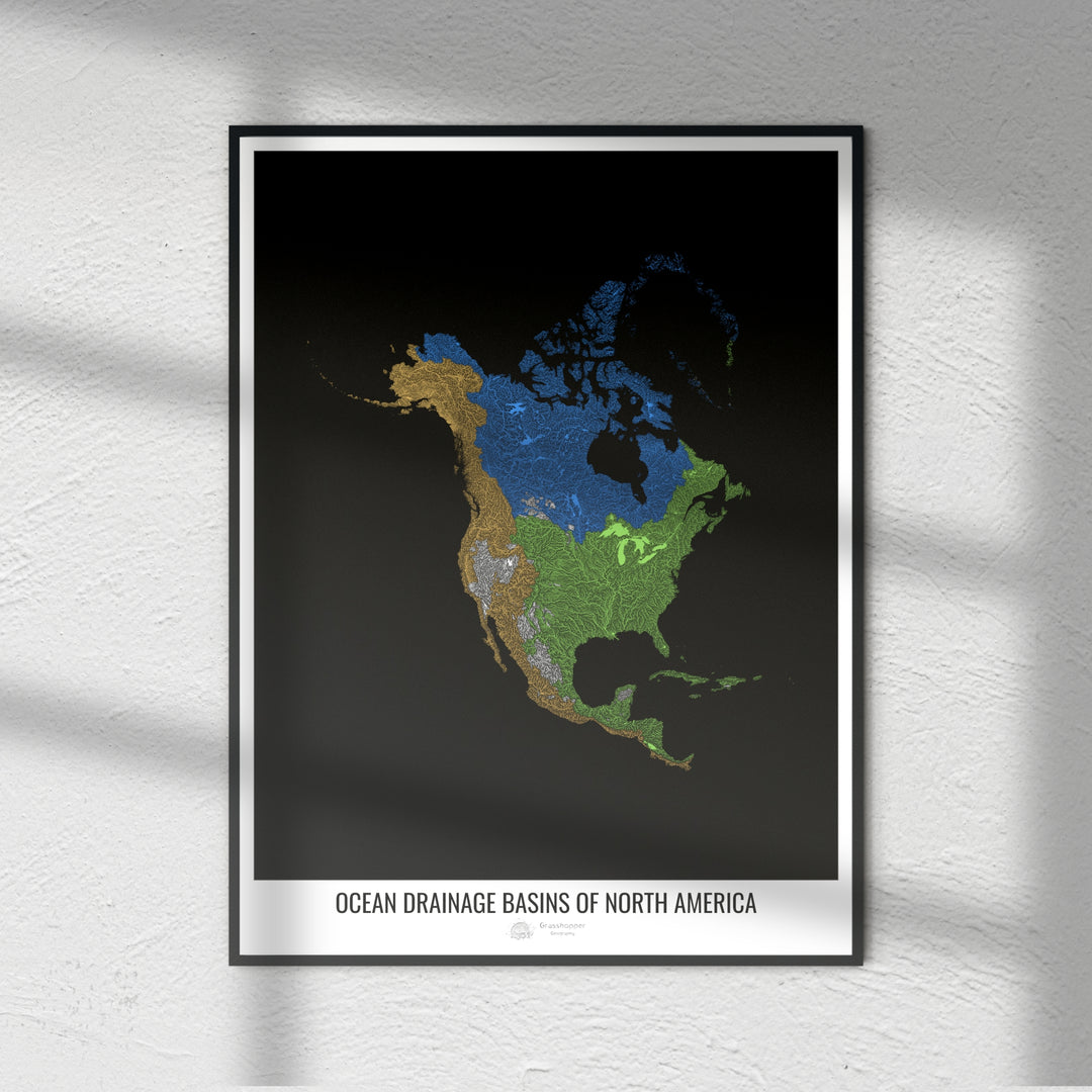 North America - Ocean drainage basin map, black v1 - Fine Art Print