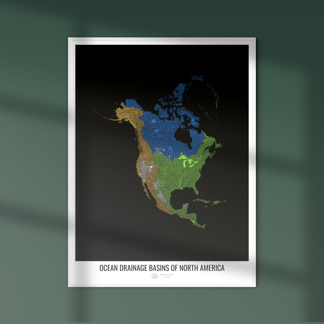 América del Norte - Mapa de la cuenca hidrográfica del océano, negro v1 - Impresión fotográfica