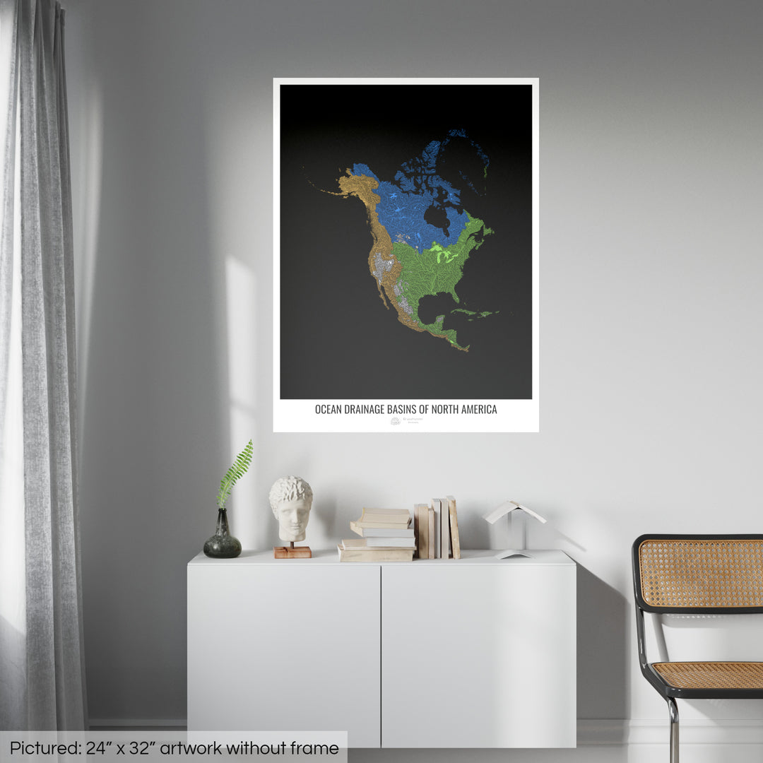 North America - Ocean drainage basin map, black v1 - Photo Art Print