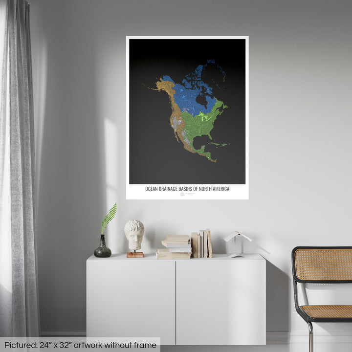 Amérique du Nord - Carte des bassins versants océaniques, noir v1 - Tirage photo artistique