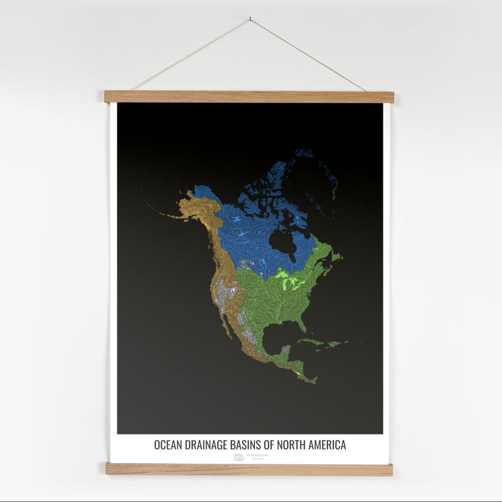 Amérique du Nord - Carte des bassins versants océaniques, noir v1 - Tirage d'art avec cintre