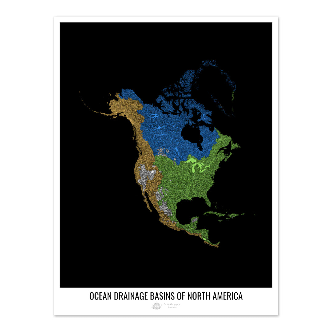 América del Norte - Mapa de la cuenca de drenaje oceánico, negro v1 - Impresión de bellas artes