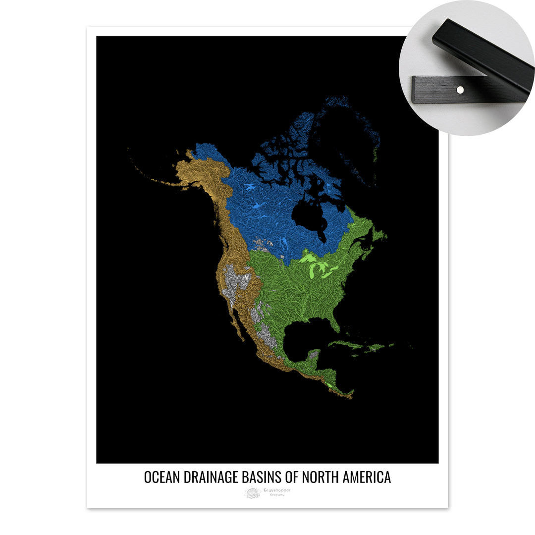 Amérique du Nord - Carte des bassins versants océaniques, noir v1 - Tirage d'art avec cintre