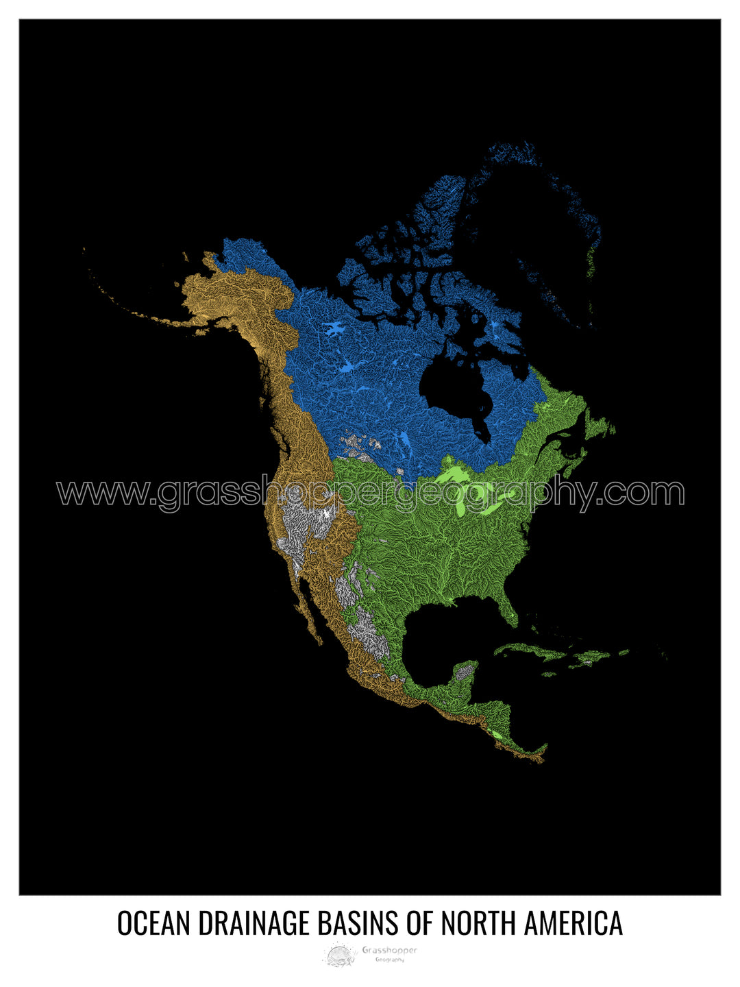 América del Norte - Mapa de la cuenca de drenaje oceánico, negro v1 - Impresión de bellas artes