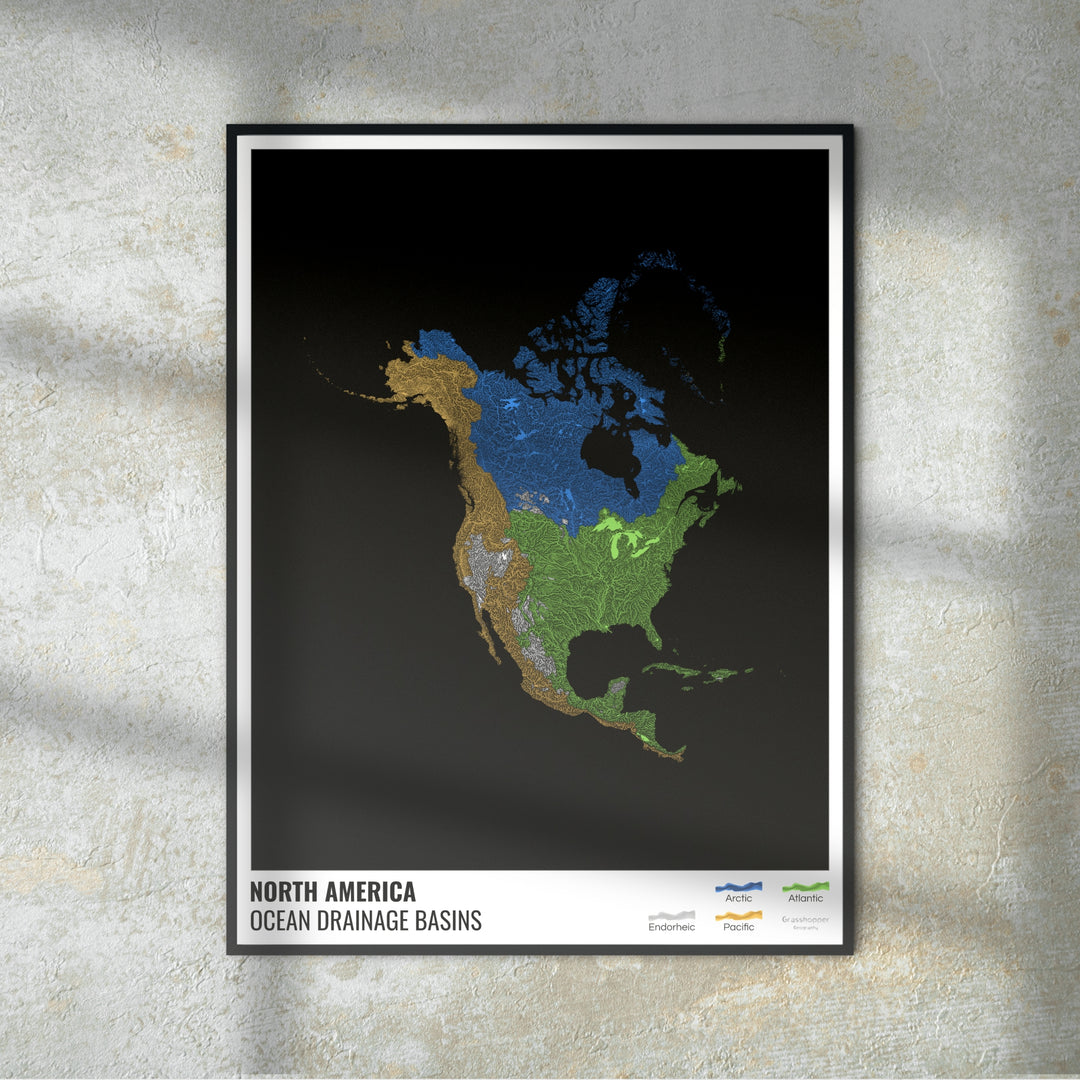 Amérique du Nord - Carte des bassins hydrographiques océaniques, noire avec légende v1 - Tirage photo artistique