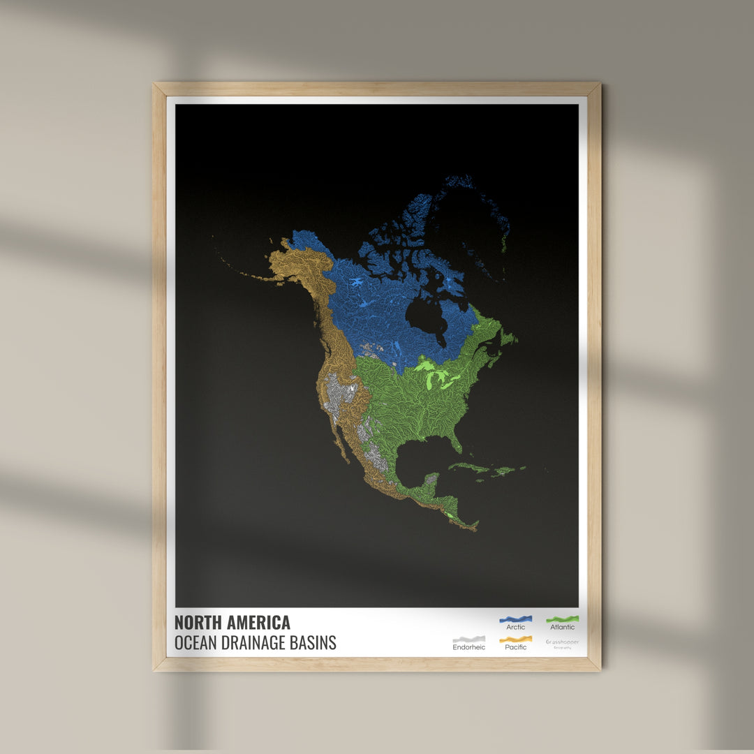 Amérique du Nord - Carte des bassins hydrographiques océaniques, noire avec légende v1 - Fine Art Print