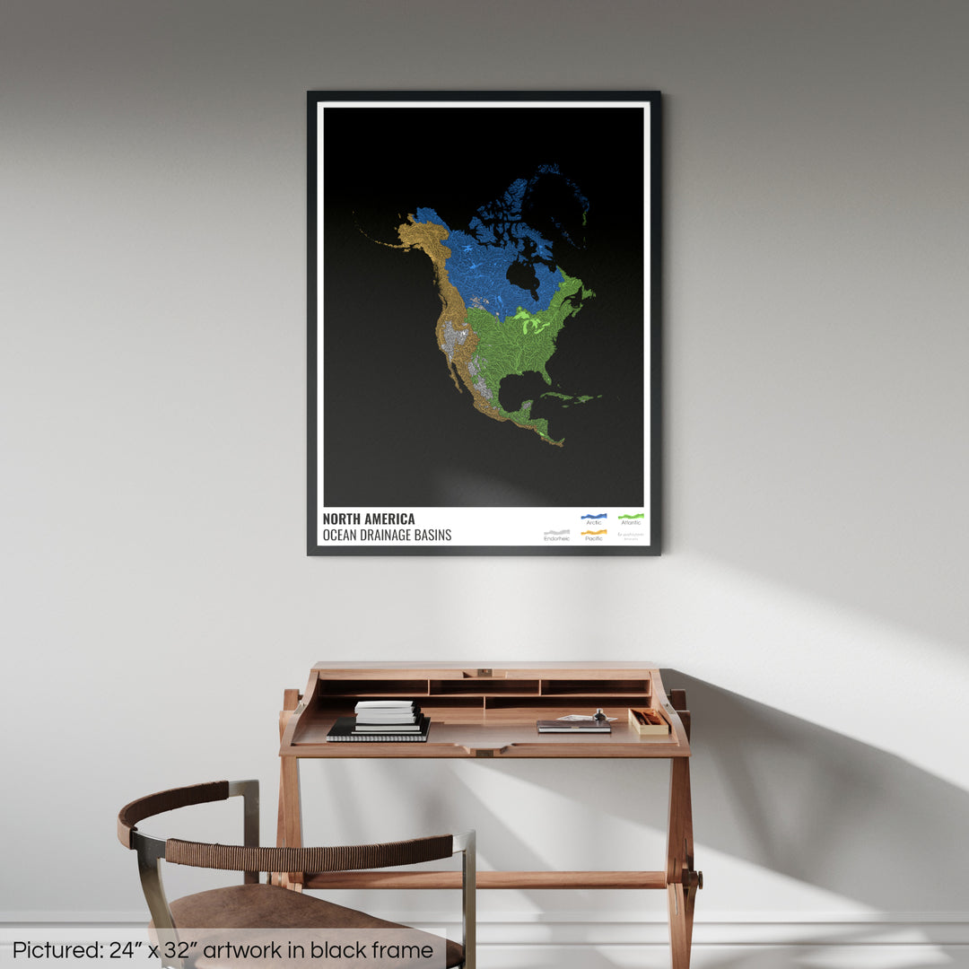 North America - Ocean drainage basin map, black with legend v1 - Framed Print