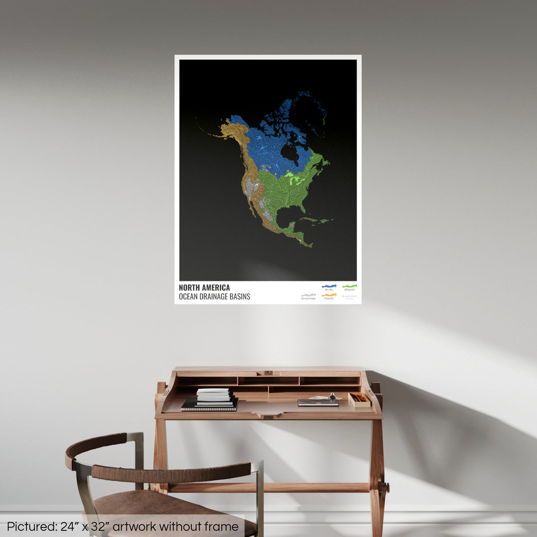 Amérique du Nord - Carte des bassins hydrographiques océaniques, noire avec légende v1 - Tirage photo artistique