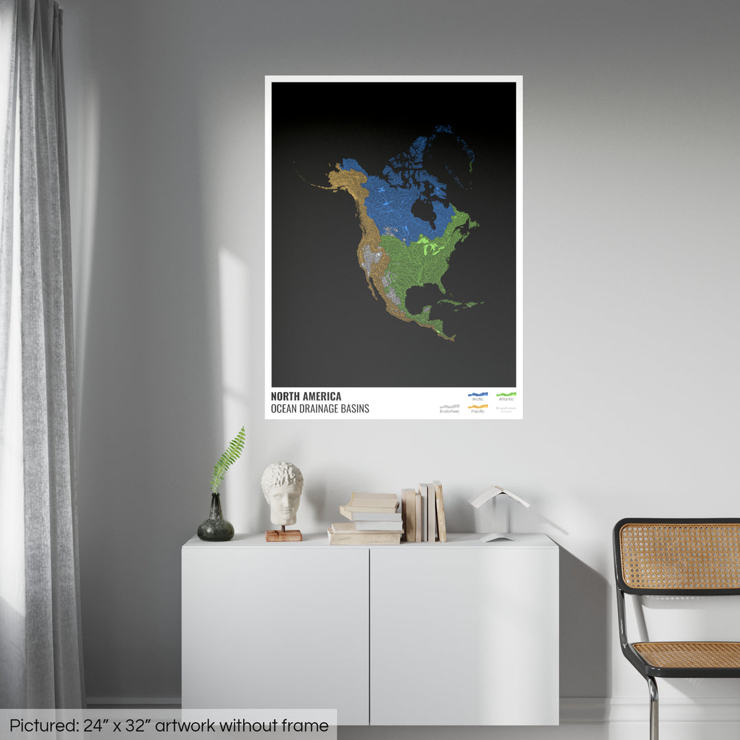 North America - Ocean drainage basin map, black with legend v1 - Fine Art Print