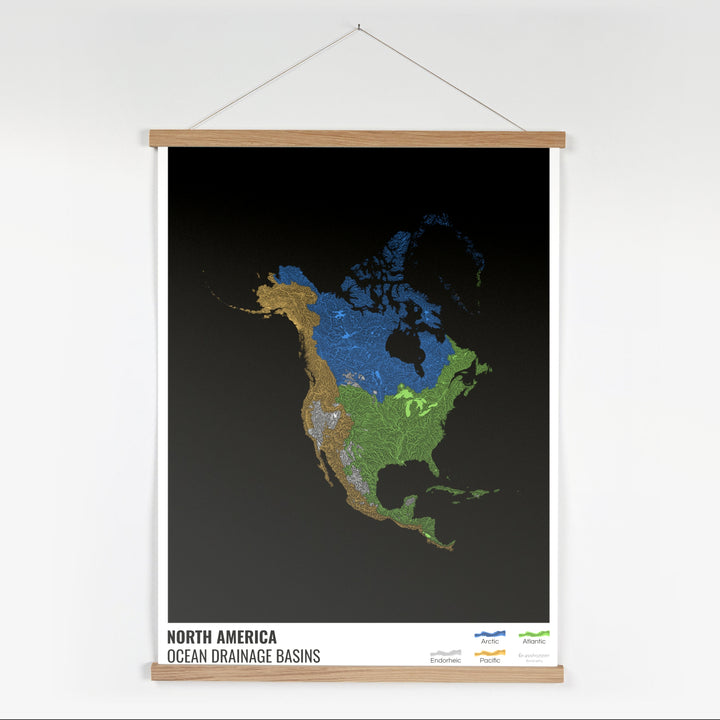 Amérique du Nord - Carte des bassins hydrographiques océaniques, noire avec légende v1 - Tirage d'art avec cintre