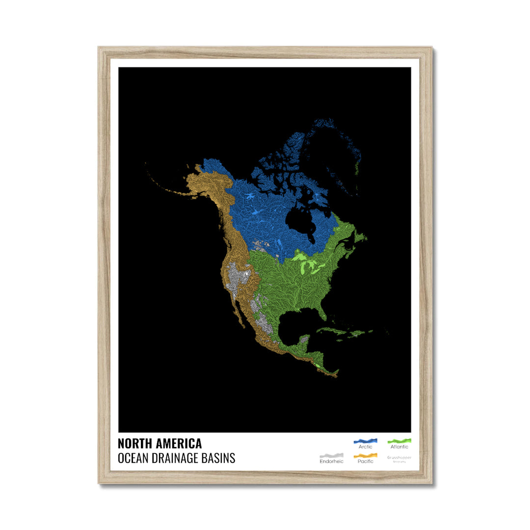 North America - Ocean drainage basin map, black with legend v1 - Framed Print