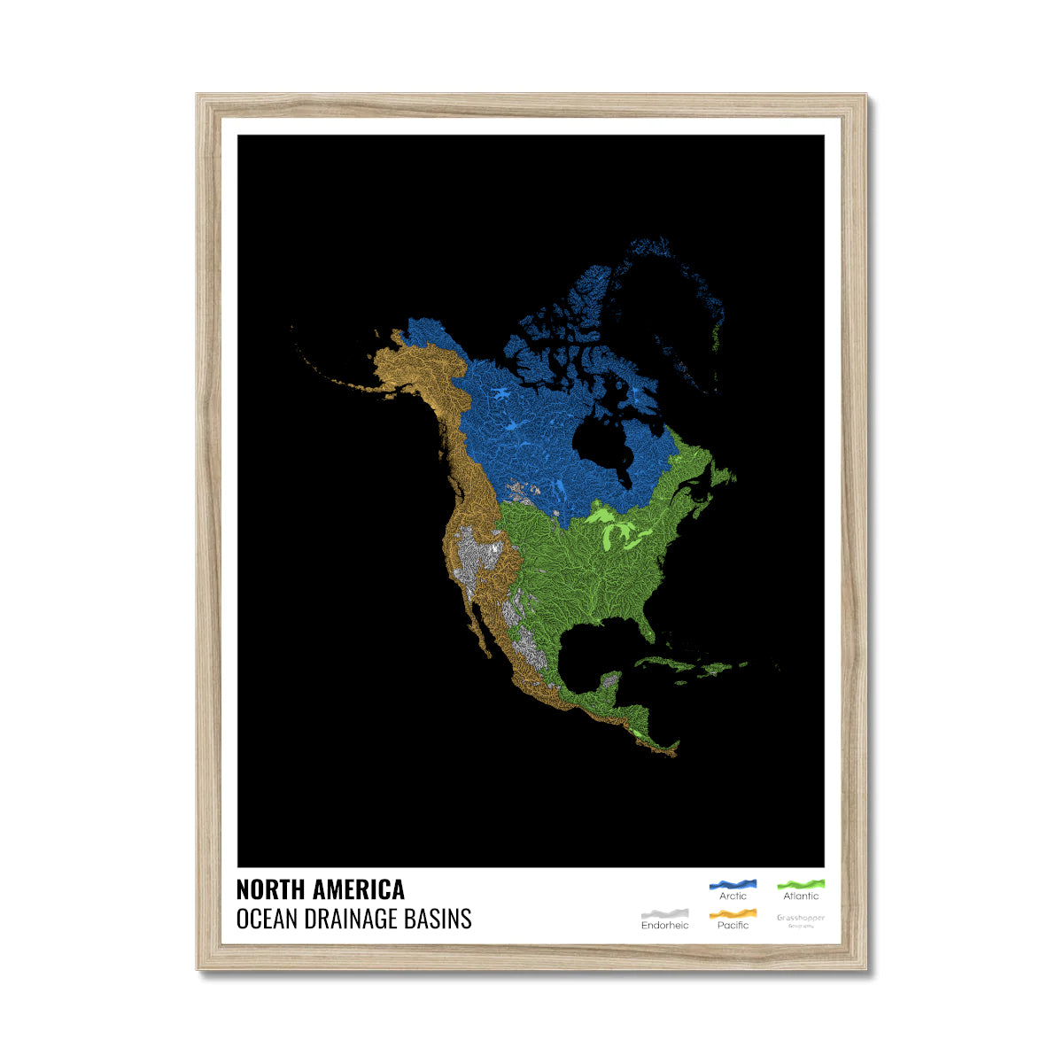 North America - Ocean drainage basin map, black with legend v1 - Frame