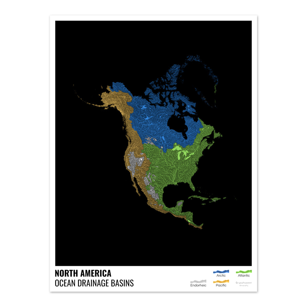 América del Norte - Mapa de la cuenca de drenaje oceánico, negro con leyenda v1 - Impresión de bellas artes