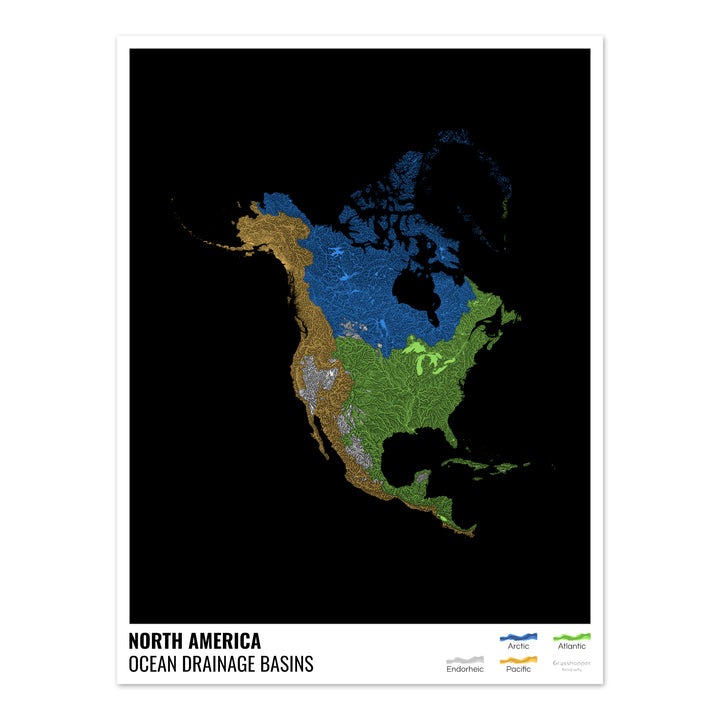 North America - Ocean drainage basin map, black with legend v1 - Fine Art Print