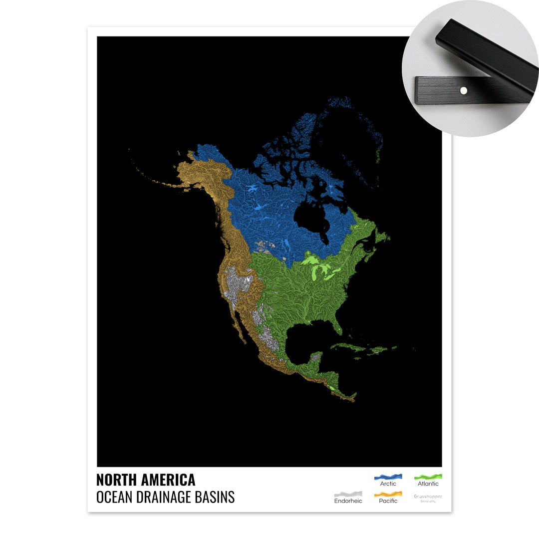 América del Norte - Mapa de la cuenca hidrográfica del océano, negro con leyenda v1 - Impresión artística con colgador